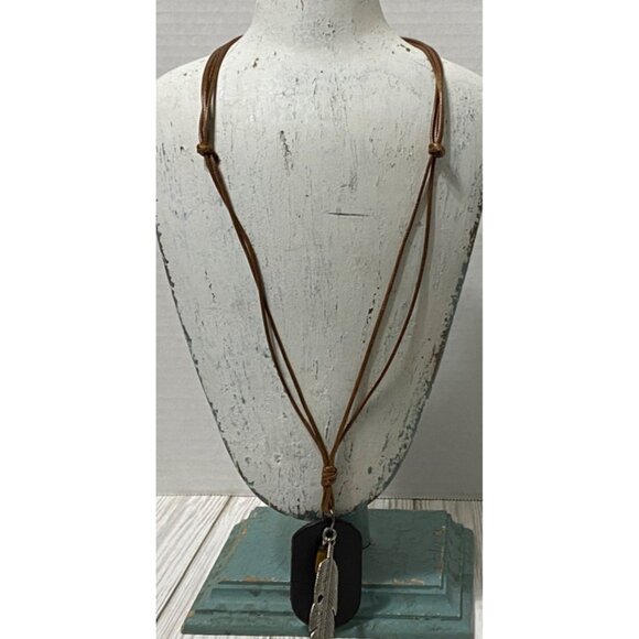 Brown Braided Leather Necklace W/ Feather Pendant & Amber Accent Adjustable - Picture 1 of 6